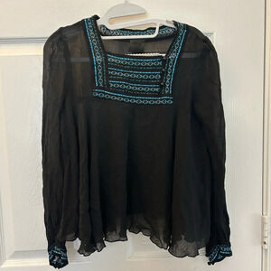 ANNA SUI Black & Blue  Embroidered Crinkle Cotton Gauze Top SZ S